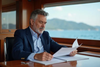 Homme d'affaires en costume sur yacht avec documents Andorra