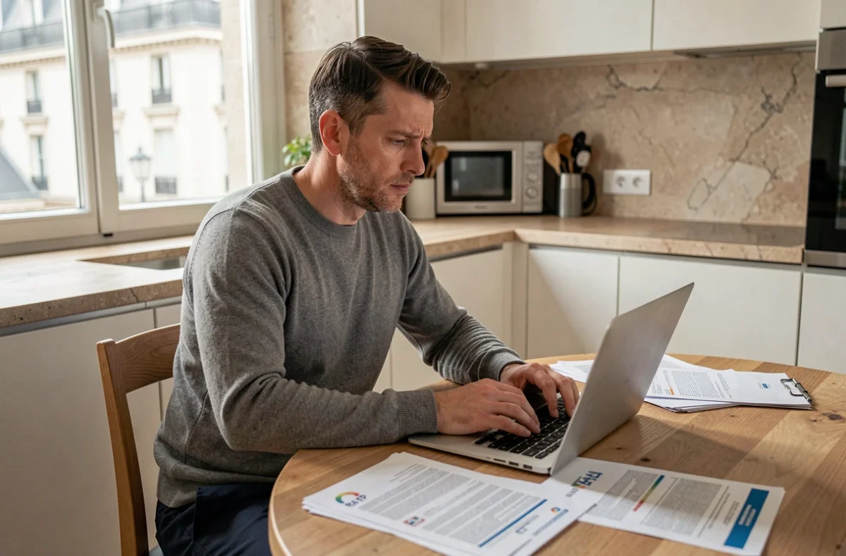 Homme consultant des documents d'amende RATP sur son bureau à domicile avec un ordinateur portable