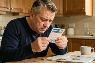 Homme étudiant attentivement un ticket EuroMillions à la maison, analysant les combinaisons de numéros gagnants