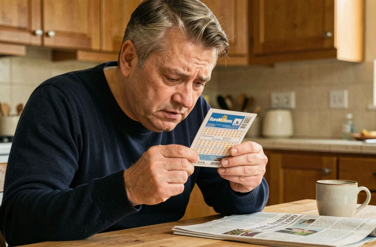 Homme étudiant attentivement un ticket EuroMillions à la maison, analysant les combinaisons de numéros gagnants