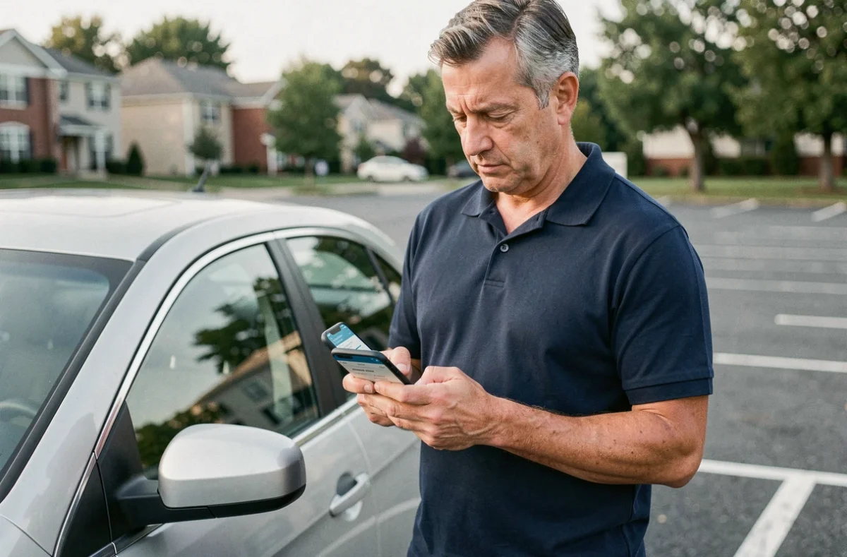 Homme utilisant une application de comparaison d'assurance voiture sur son smartphone devant une berline argentée
