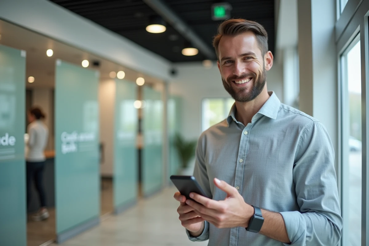 Homme consultant l'application mobile Crédit Agricole Calanguedoc dans une agence bancaire moderne