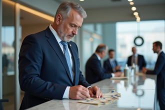 Homme d'âge moyen comptant des billets dans une banque