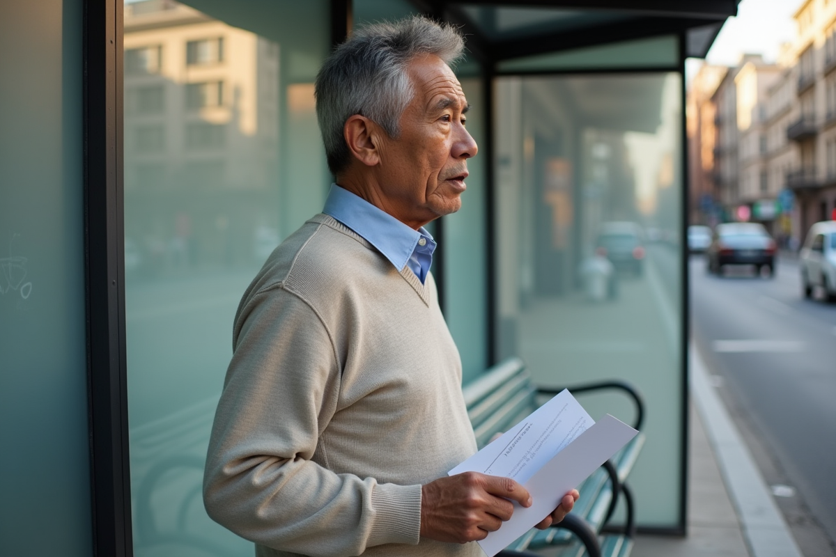 Homme pensif attendant le bus dans une rue urbaine