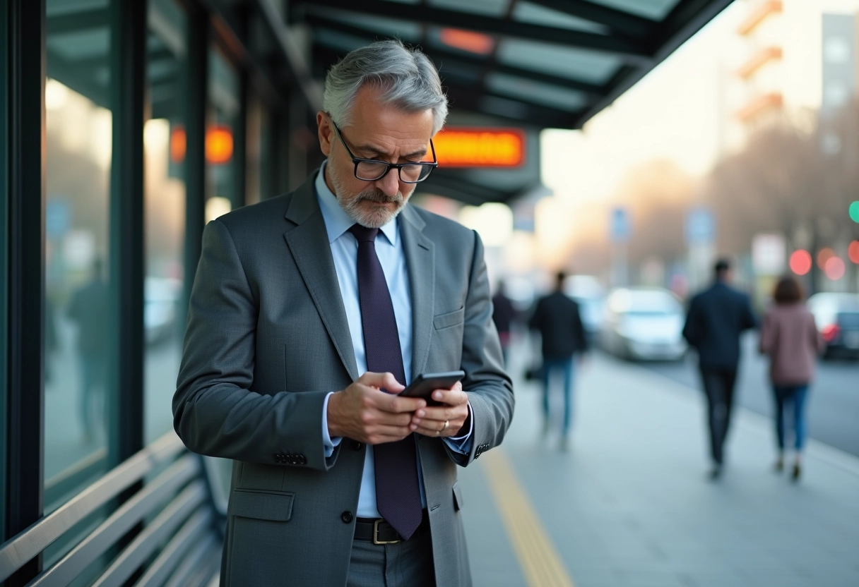 Homme en costume lisant message au arrêt de bus