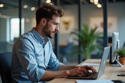 Jeune homme d'affaires vérifiant un tableau de bord d'investissement Bitvavo