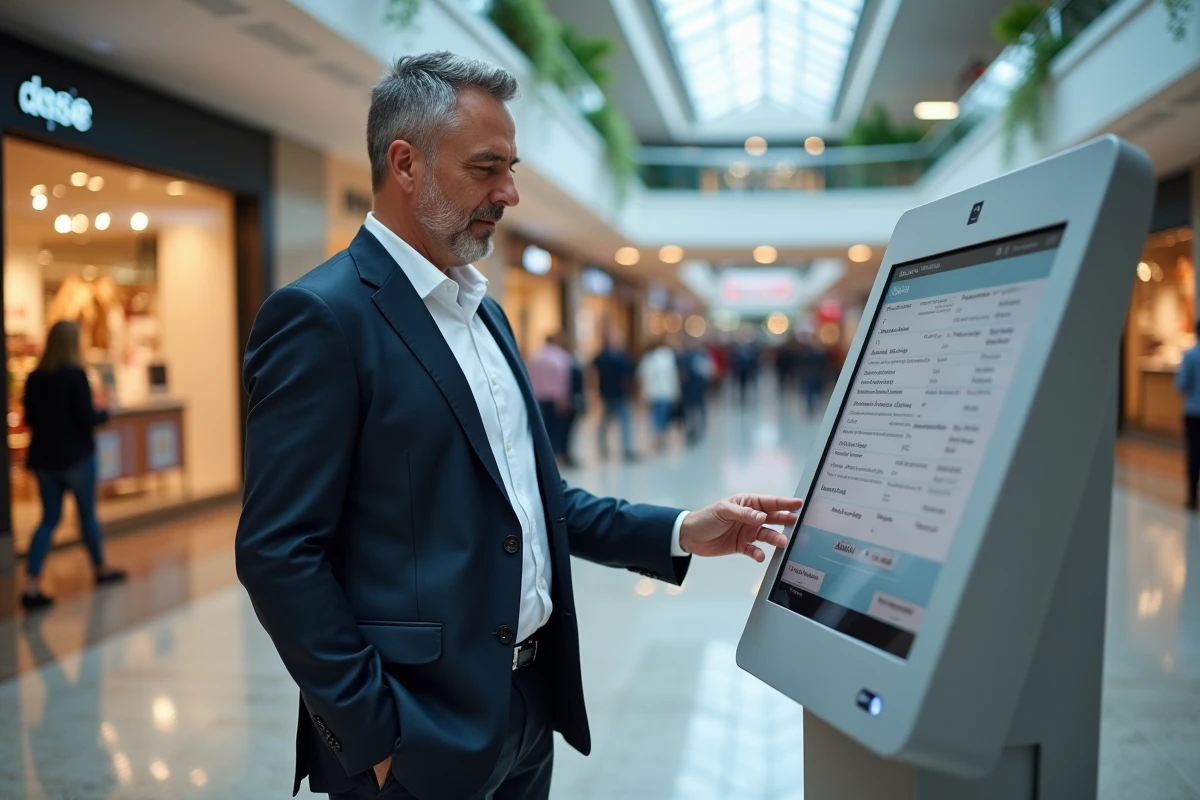 Homme d affaires regardant un kiosque dans un centre commercial