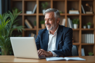 Homme d'âge moyen souriant dans un bureau moderne