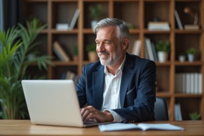 Homme d'âge moyen souriant dans un bureau moderne