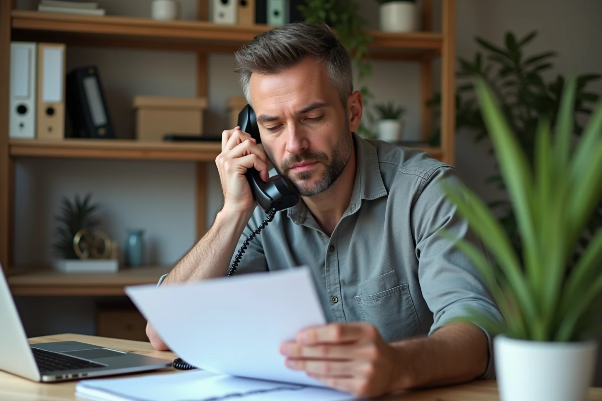 Homme contactant Cofidis par téléphone depuis son bureau à domicile