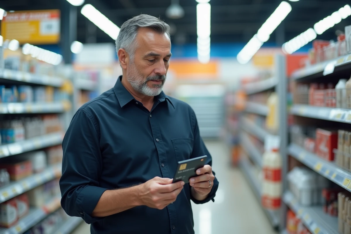 Homme utilisant une carte Cadhoc dans un magasin physique pour régler ses achats