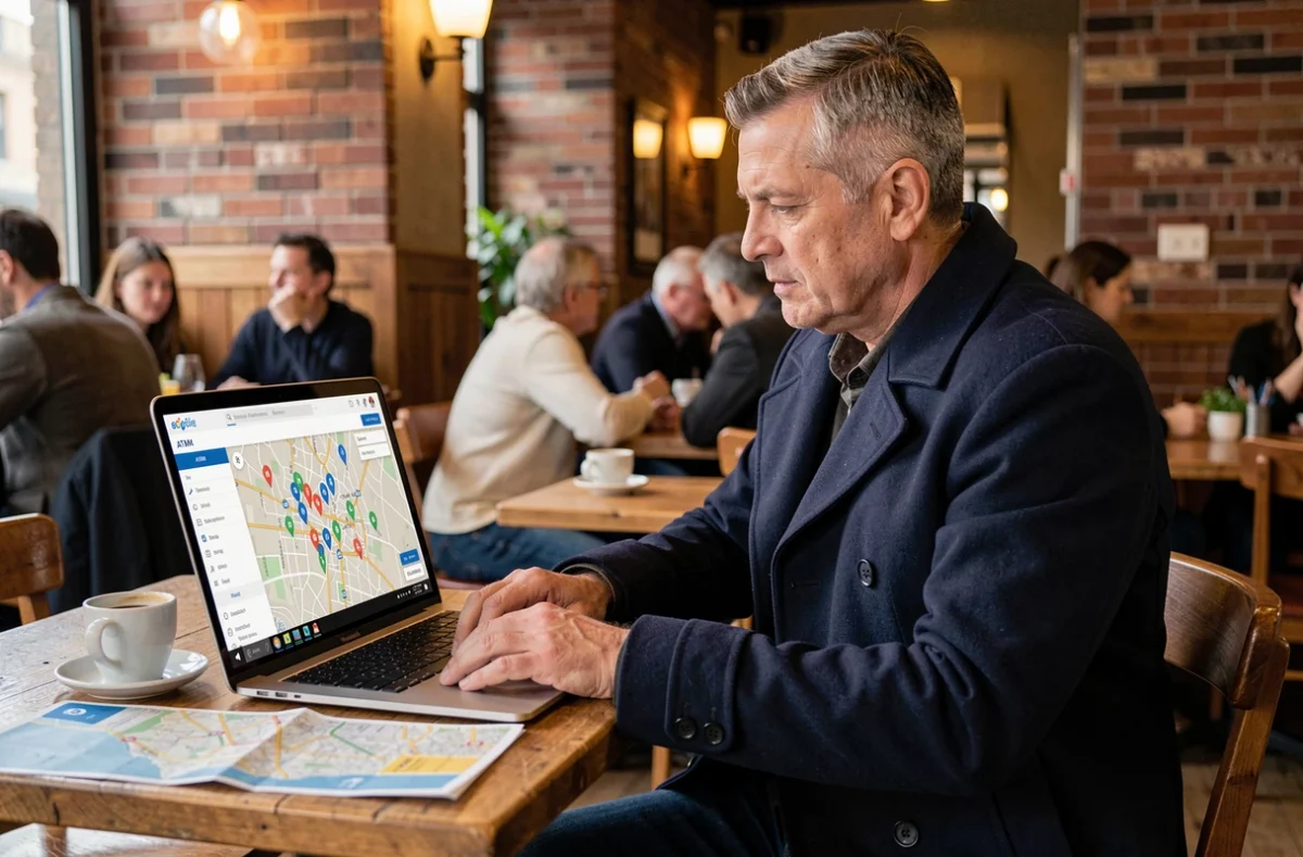 Homme consultant une carte numérique interactive de distributeurs de billets sur un ordinateur portable dans un café
