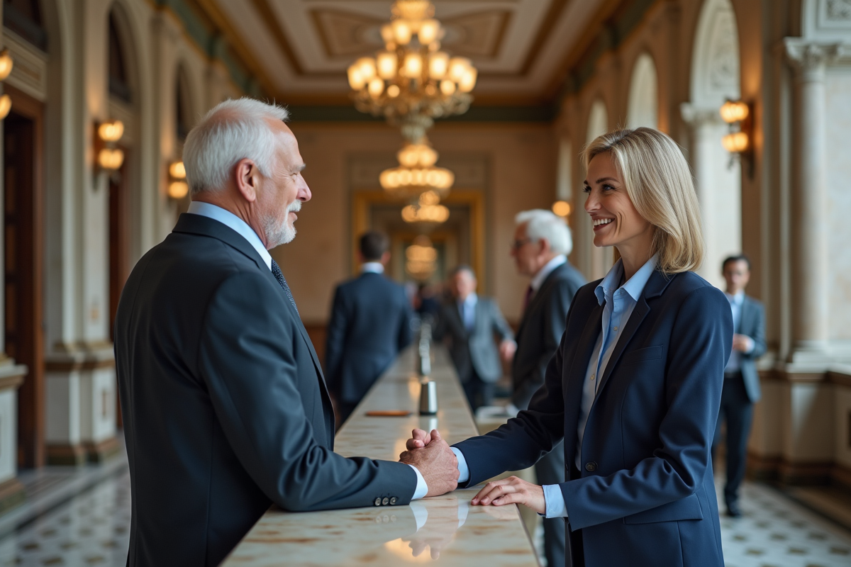 Homme d age parlant avec une banquière dans une banque ancienne