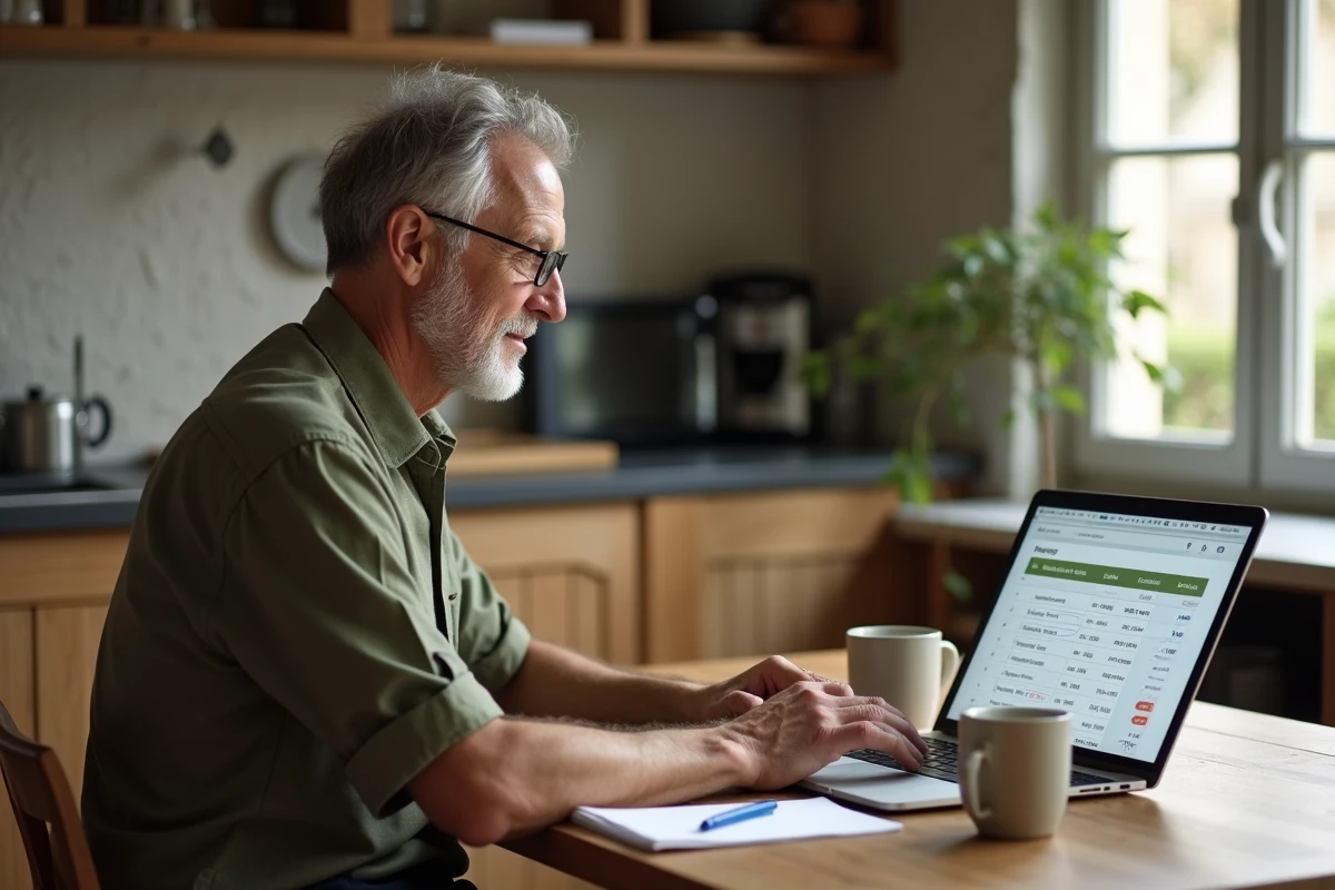 Homme senior comparant les taux de compte à terme et l'inflation sur ordinateur portable à domicile