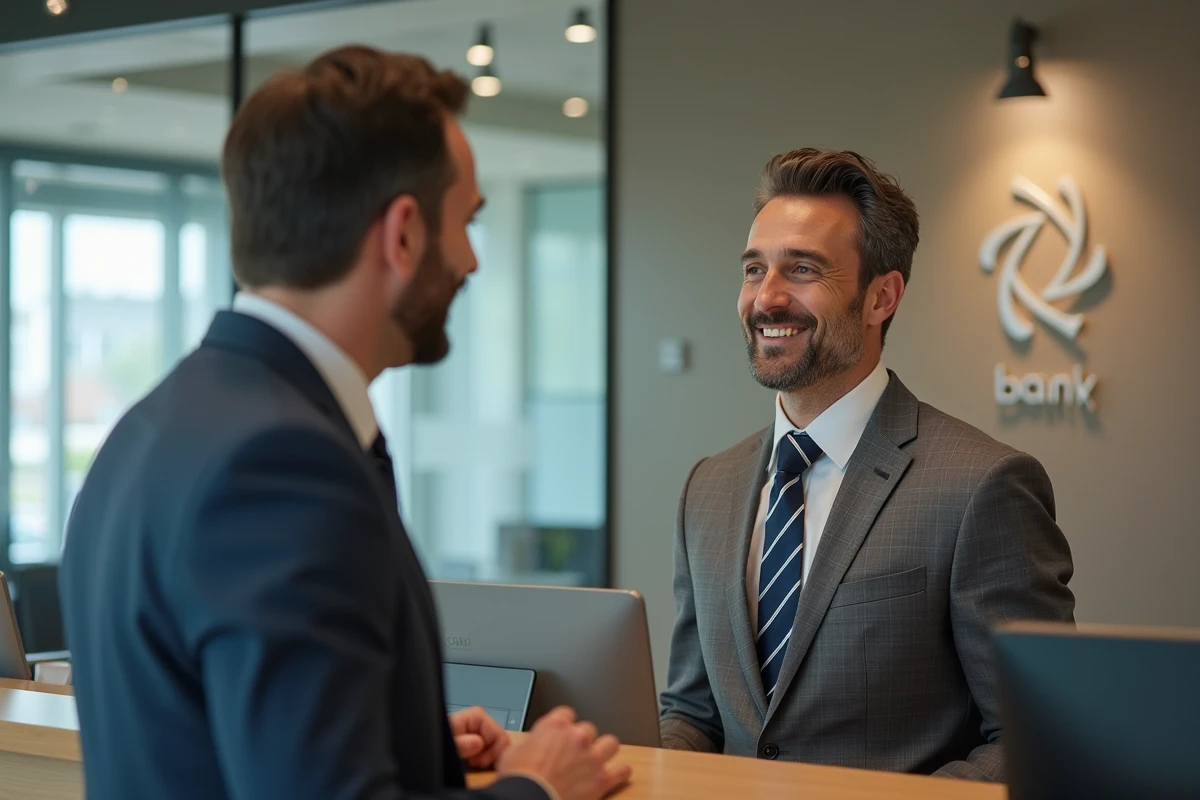 Homme en costume discutant avec un conseiller bancaire en agence