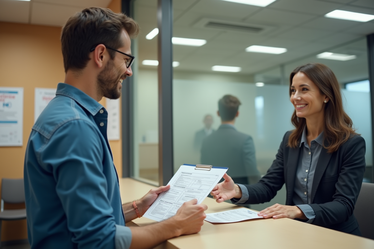 Homme remettant un formulaire à une agente dans un bureau administratif