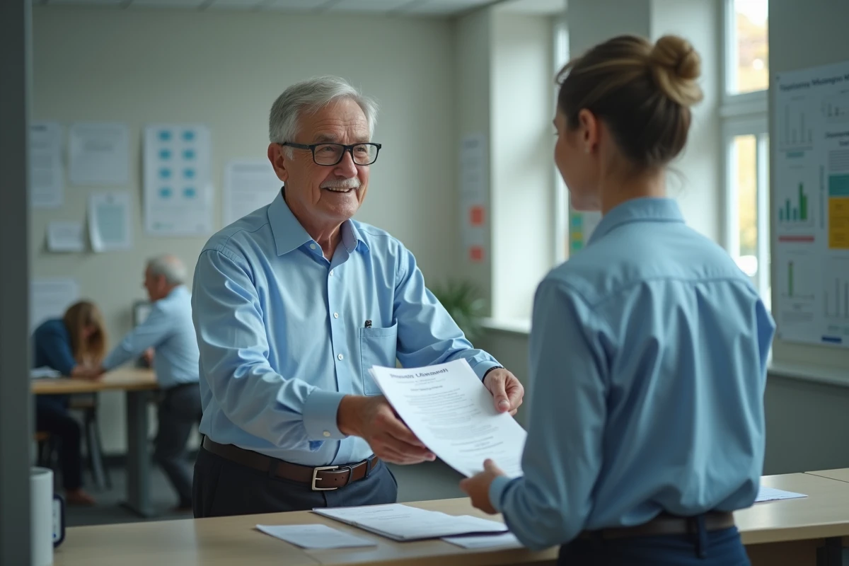Homme âgé remettant des documents à un agent dans un bureau municipal
