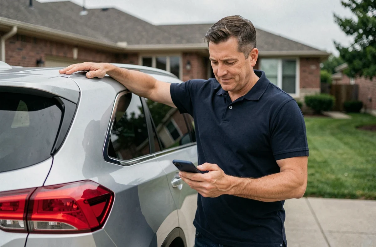 Homme consultant un comparateur d'assurance auto sur smartphone à côté de son véhicule
