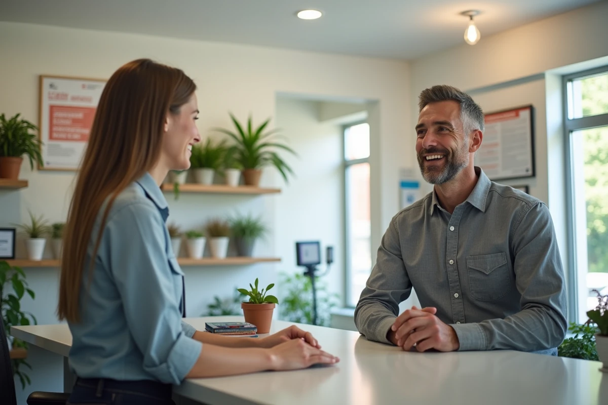 Homme discutant avec un conseiller en crédit dans une agence conviviale