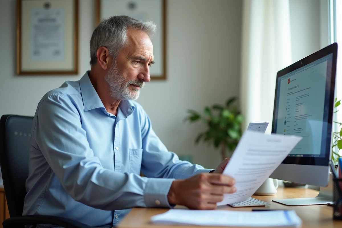 Homme consultant des documents officiels et le portail Ciclade sur un ordinateur de bureau pour récupérer des avoirs dormants