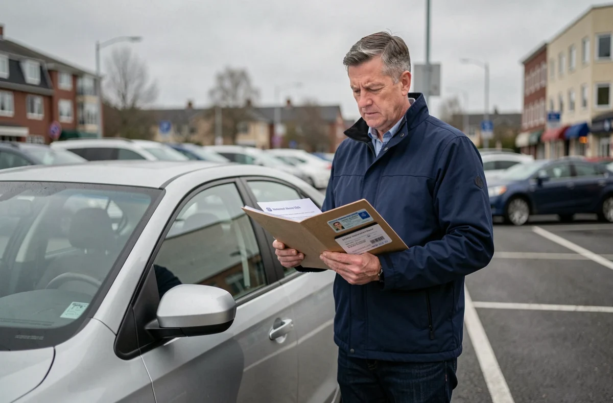 Homme avec documents d'assurance automobile devant sa voiture