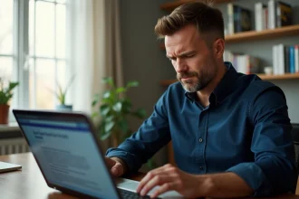 Homme en chemise bleue frustré devant un message d'erreur de connexion sur un site bancaire Crédit Maritime