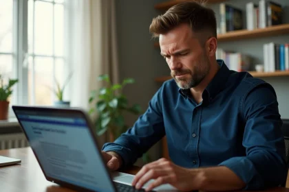 Homme en chemise bleue frustré devant un message d'erreur de connexion sur un site bancaire Crédit Maritime