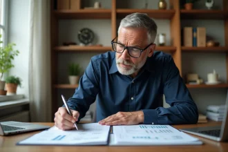 Homme de 45 ans examinant des documents d'assurance vie à son bureau à domicile, stylo à la main, concentré sur les chiffres de son contrat