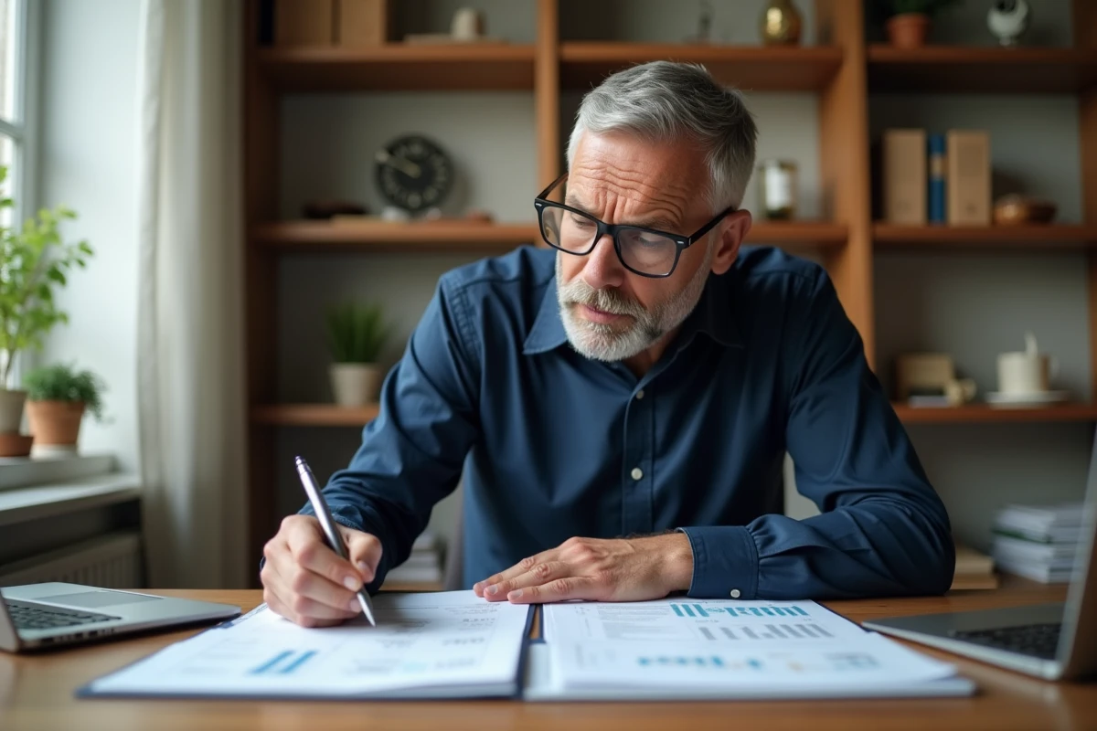 Homme de 45 ans examinant des documents d'assurance vie à son bureau à domicile, stylo à la main, concentré sur les chiffres de son contrat