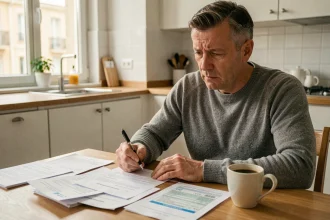 Homme consultant ses factures et relevés de prélèvement ADIS à la maison, illustrant l'impact budgétaire en 2026
