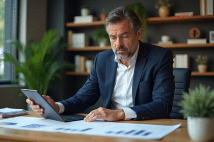 Homme d'affaires en costume analyse des graphiques financiers