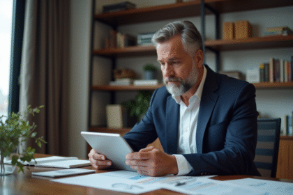 Homme d'affaires en costume bleu examine documents financiers