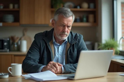 Homme d'âge moyen inquiet étudiant ses contrats d'assurance à la maison