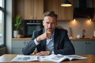 Homme d'âge moyen inquiet regardant des brochures immobilières