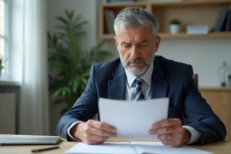 Homme d'âge moyen lisant une lettre dans un bureau à domicile