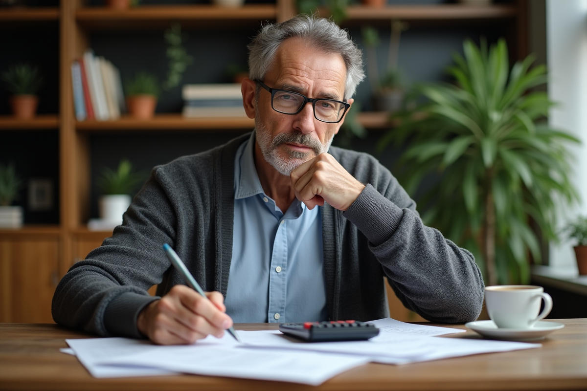 Homme d'âge moyen lisant des papiers dans un intérieur chaleureux