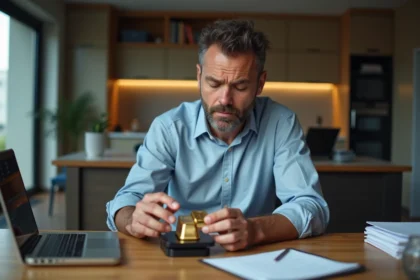 Homme d'âge moyen examinant une barre d'or dans un bureau moderne