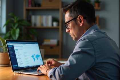 Homme d'âge moyen regardant un écran Coinbase en home office