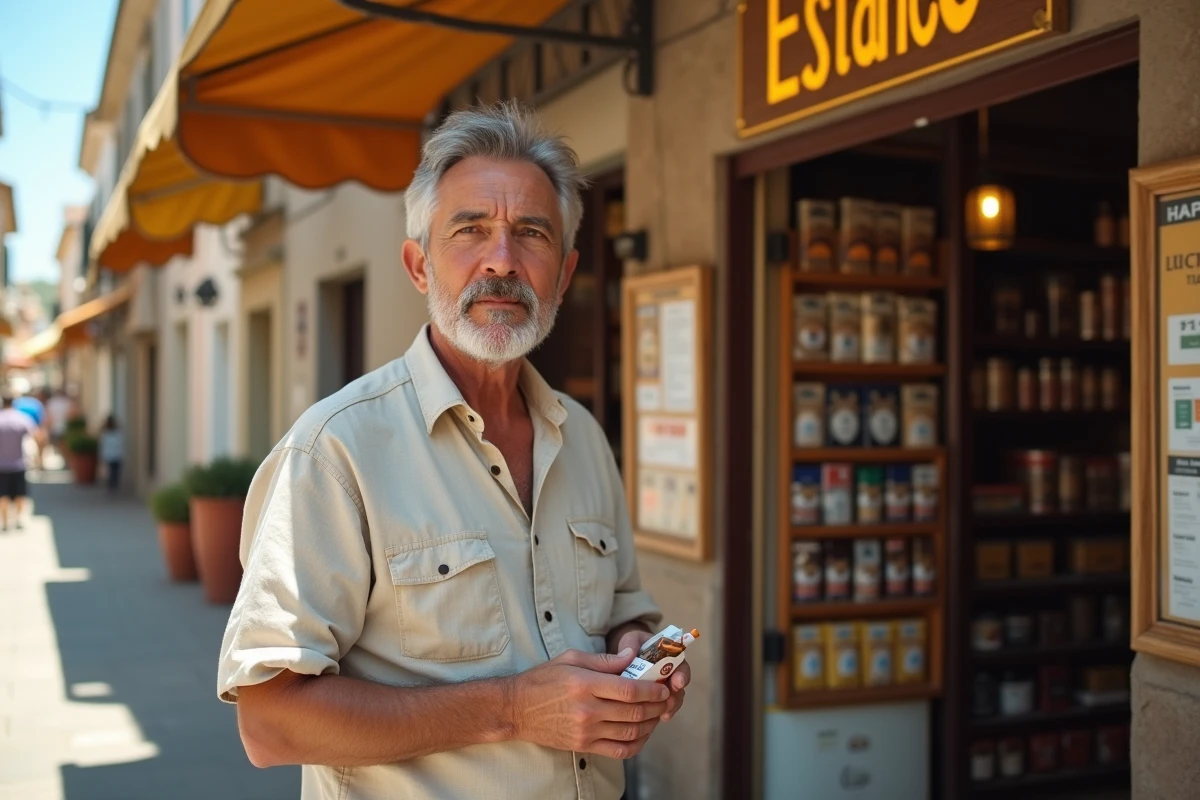 Homme tenant un paquet de cigarettes devant un bureau de tabac espagnol avec tableau des prix affiché