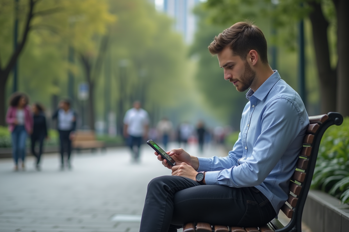 Homme sur un banc de parc utilisant son smartphone pour la finance