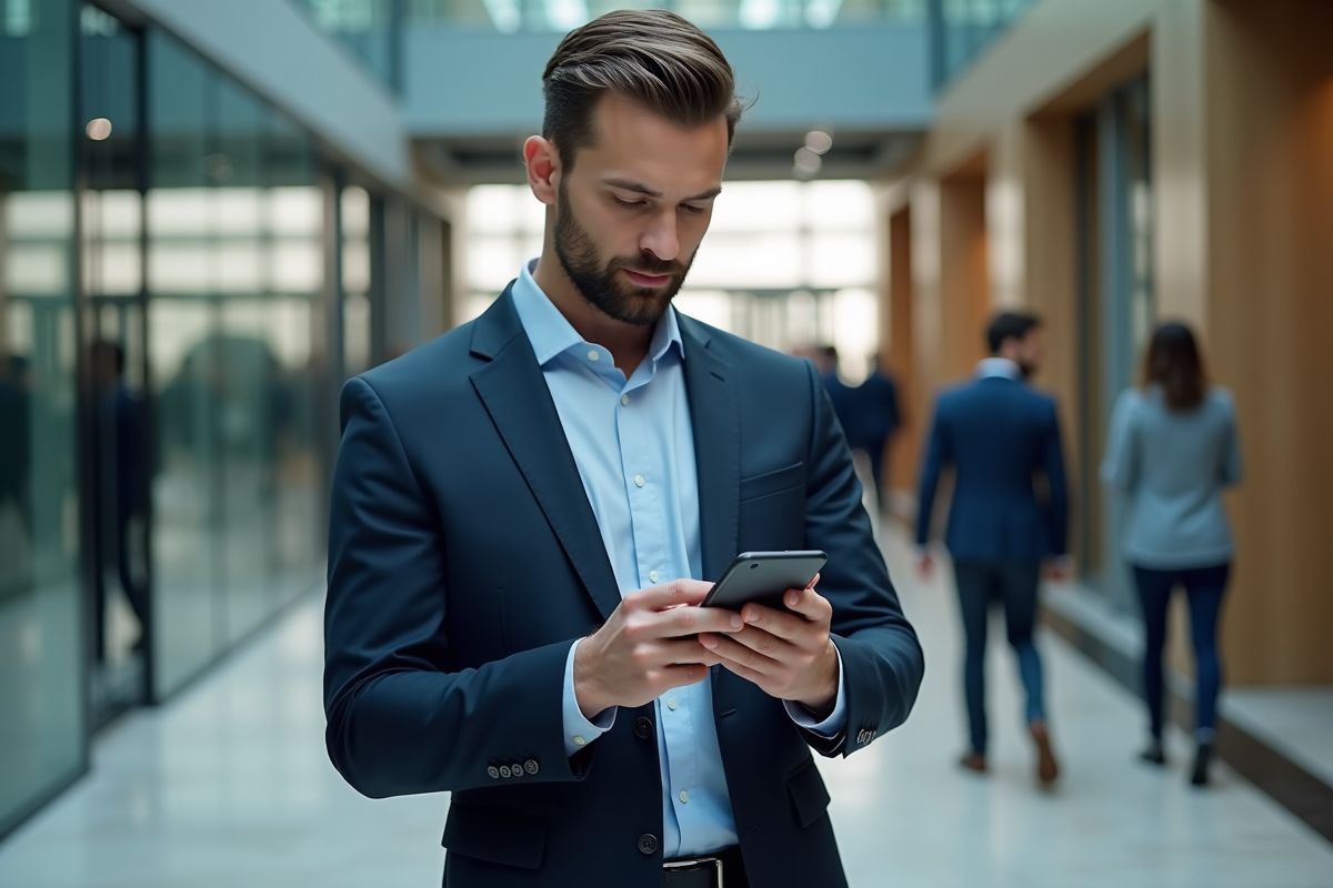 Homme en costume configurant une passphrase sur smartphone dans un bureau moderne