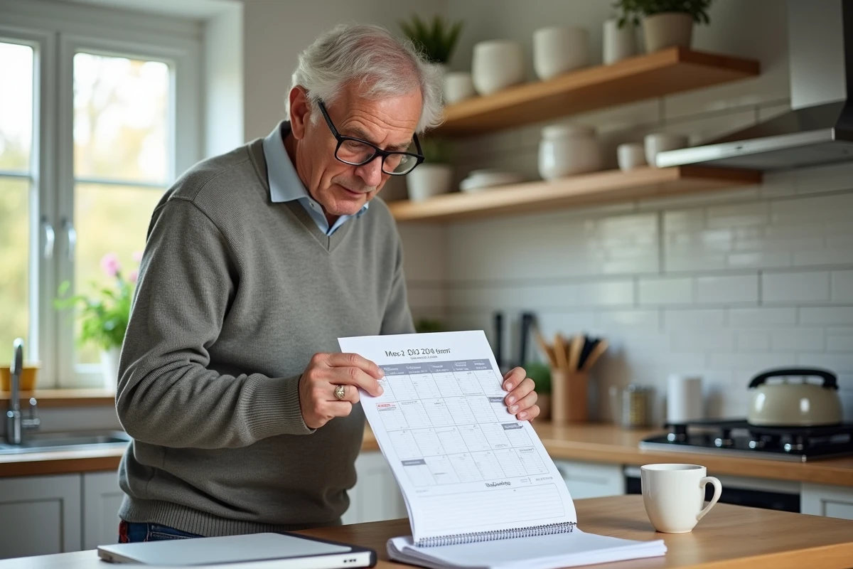 Homme préparant des impressions de calendrier 2026 dans la cuisine