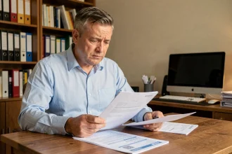 Homme consultant un relevé de prélèvement bancaire ADIS AGIPI sur son bureau à domicile pour identifier l'origine d'un contrat d'assurance