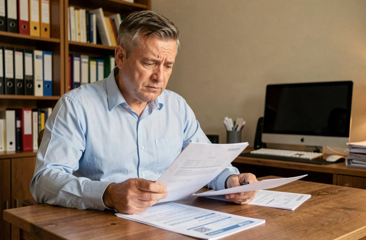 Homme consultant un relevé de prélèvement bancaire ADIS AGIPI sur son bureau à domicile pour identifier l'origine d'un contrat d'assurance
