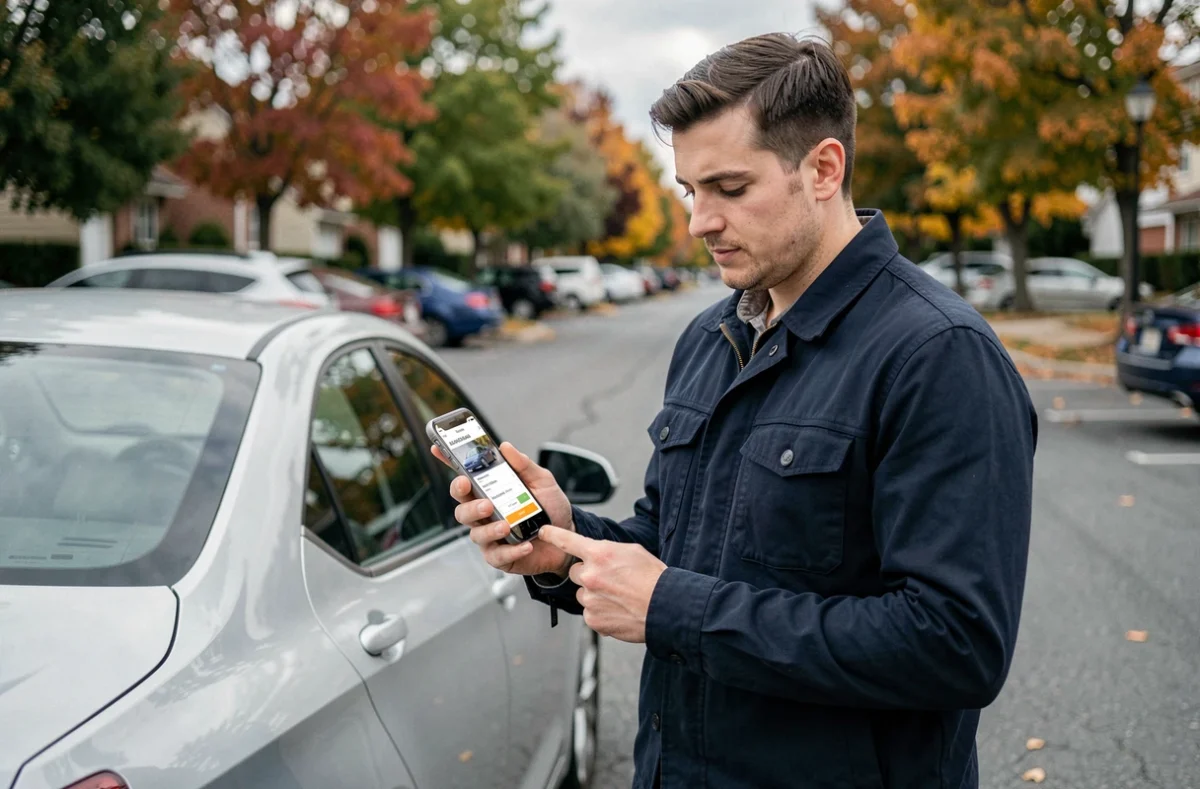 Homme résiliant son assurance auto en ligne depuis son smartphone près de sa voiture