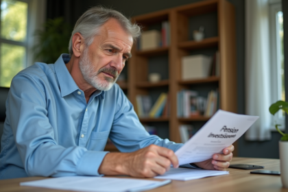 Homme d'âge moyen examine un document pension investissement