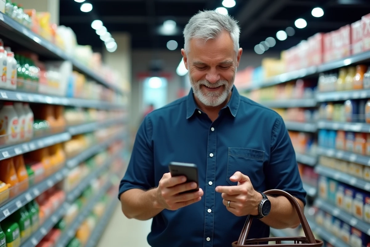 Homme scannant un produit en supermarché pour obtenir un remboursement via une application mobile de cashback