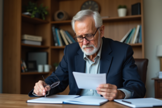 Homme senior en blazer bleu examine documents de retraite