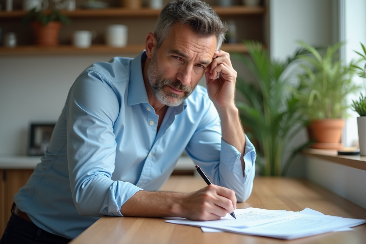 Homme d âge moyen signant des papiers à la maison