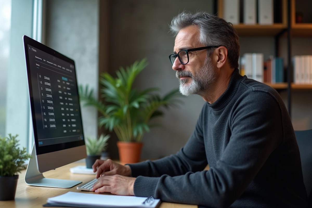 Homme utilisant un simulateur de salaire net suisse sur ordinateur depuis son bureau à domicile
